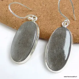 Boucles d'oreilles Obsidienne noire argentée ovales - Boucles d'oreilles en pierres naturelles