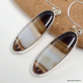 Boucles d'oreilles Agate noire à bandes ovales cabochon - Bijoux en Agate