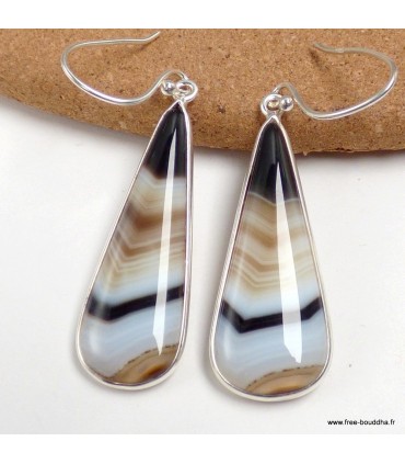 Boucles d'oreilles Agate noire à bandes - argent 925