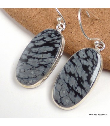 Boucles d’oreilles Obsidienne floconneuse ovales en argent 925