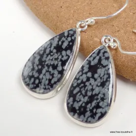 Boucles d'oreilles Obsidienne floconneuse forme goutte - Bijoux en Obsidienne Flocon de neige