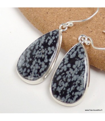 Boucles d’oreilles Obsidienne floconneuse goutte en argent 925