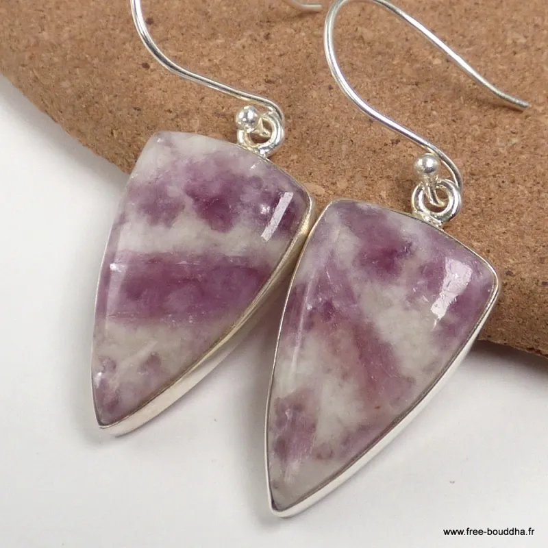 Boucles d'oreilles Tourmaline rose sur quartz triangulaires - Bijoux en Tourmaline Rose