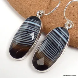 Boucles d'oreilles Agate noire à bandes facettées ovales - Bijoux en Agate