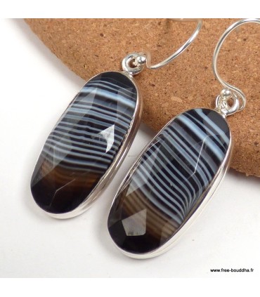 Boucles Agate noire facettée – Argent 925 certifié