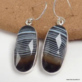 Boucles d'oreilles Agate noire à bandes facettées ovales - Bijoux en Agate