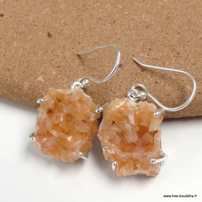 Boucles d'oreilles argent et Heulandite brute - Boucles d'oreilles en pierres naturelles