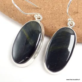 Boucles d'oreilles ovales en Oeil de Tigre Bleu - Bijoux en Oeil de Faucon