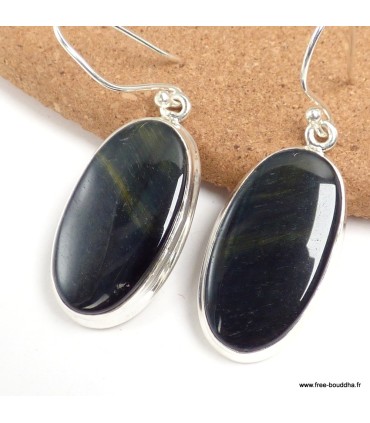 Boucles d’oreilles Œil de Tigre bleu authentique ovales argent 925