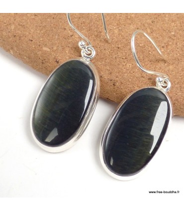 Boucles d’oreilles Œil de Tigre bleu ovales authentiques en argent 925