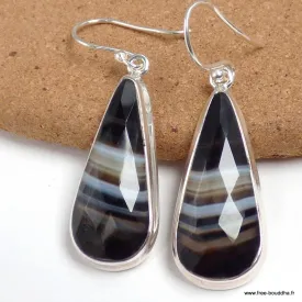 Boucles d'oreilles Agate noire à bandes facettées goutte - Bijoux en Agate