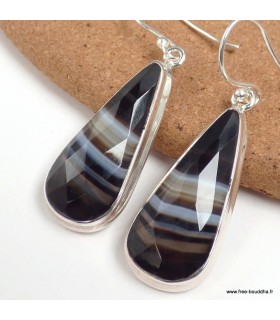 Boucles d’oreilles agate noire à bandes facettées goutte argent 925