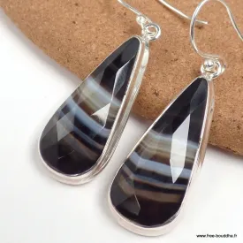 Boucles d'oreilles Agate noire à bandes facettées goutte - Bijoux en Agate