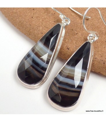 Boucles d’oreilles agate noire à bandes facettées goutte argent 925