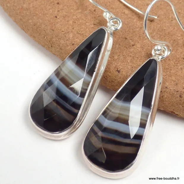 Boucles d'oreilles Agate noire à bandes facettées goutte - Bijoux en Agate
