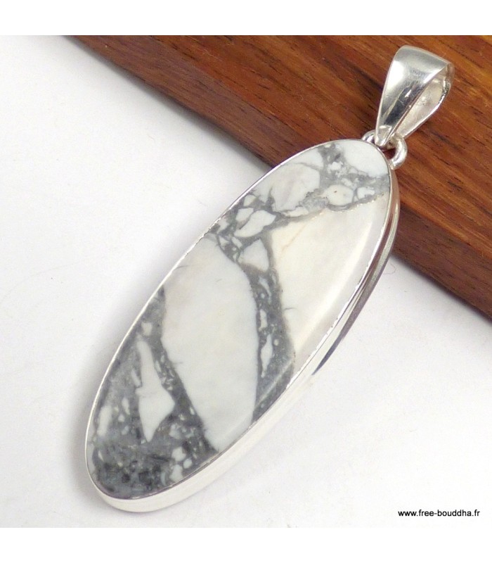 Pendentif howlite blanche allongée véritable argent 925