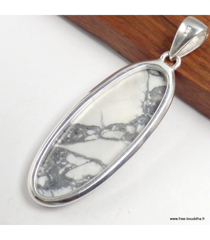 Pendentif howlite blanche allongée véritable argent 925