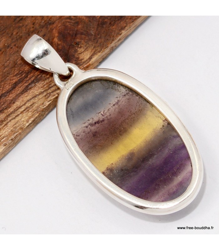 Pendentif Fluorite arc‑en‑ciel jaune violette authentique – Argent 925