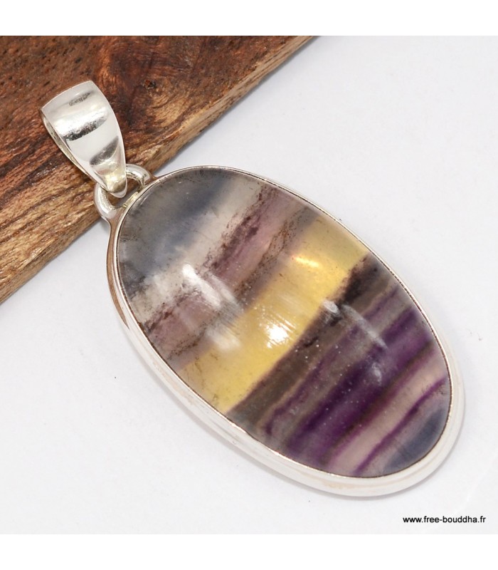 Pendentif Fluorite arc‑en‑ciel jaune violette authentique – Argent 925