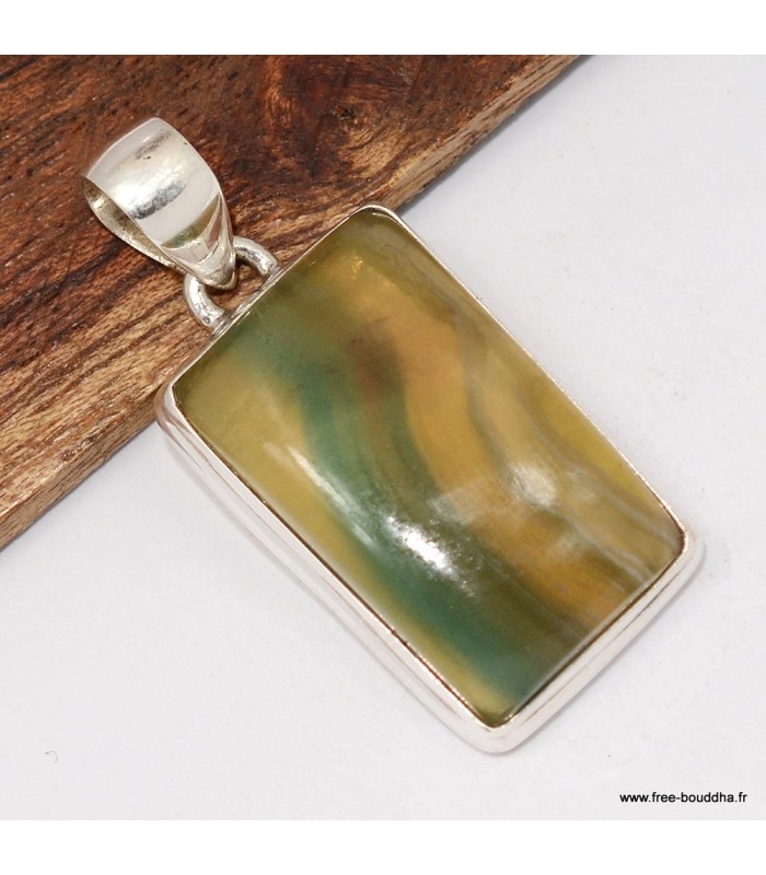 Pendentif Fluorite arc‑en‑ciel jaune vert authentique – Argent 925