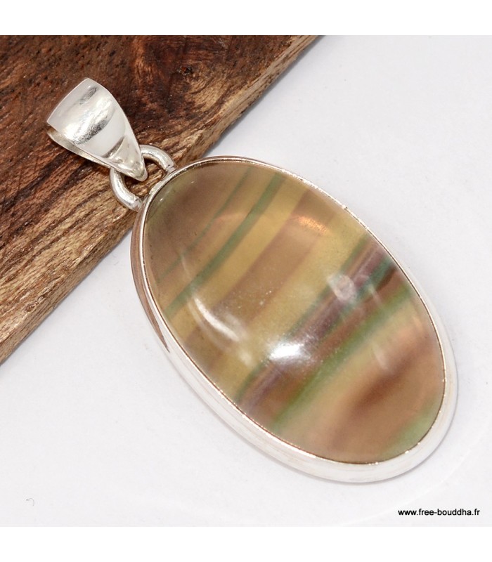 Pendentif Fluorite arc‑en‑ciel jaune vert authentique, Bijou argent 925