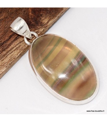 Pendentif Fluorite arc‑en‑ciel jaune vert authentique, Bijou argent 925