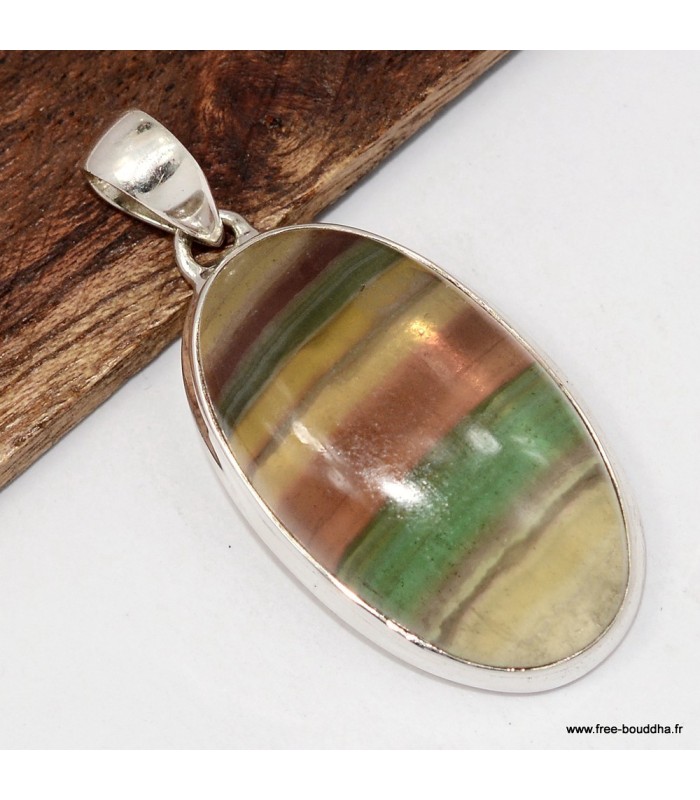 Pendentif Fluorite arc‑en‑ciel ovale cuivre vert, Argent 925 véritable