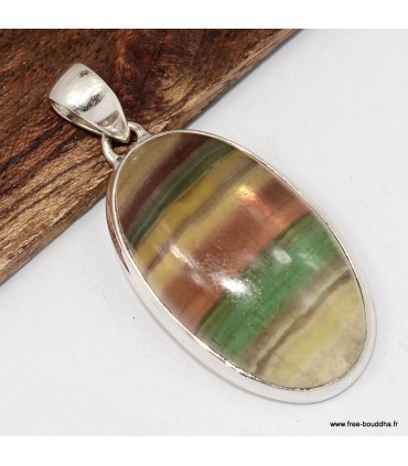 Pendentif Fluorite arc‑en‑ciel ovale cuivre vert, Argent 925 véritable