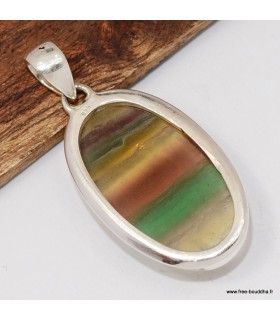 Pendentif Fluorite arc‑en‑ciel ovale cuivre vert, Argent 925 véritable
