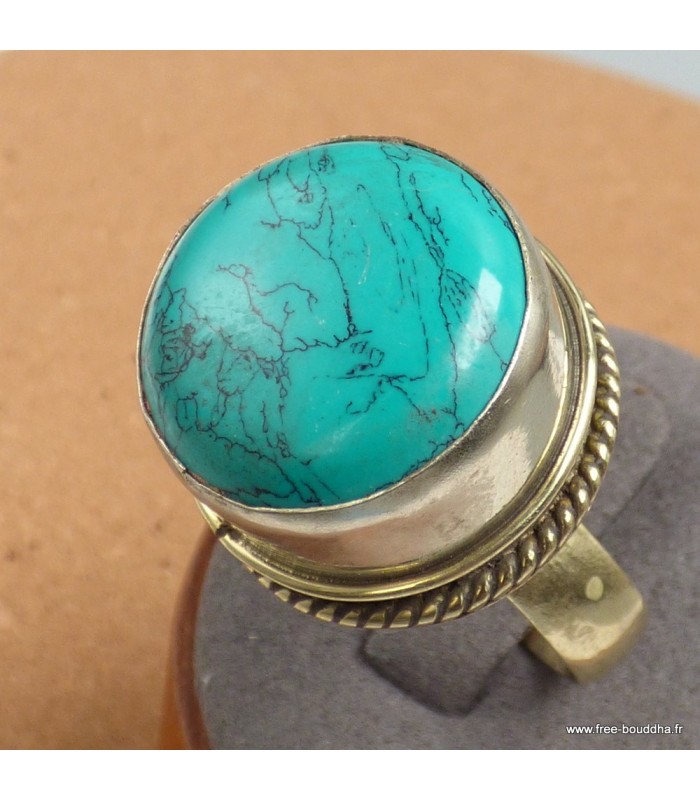 Bague tibétaine ouvrante turquoise fantaisie – Métal jaune
