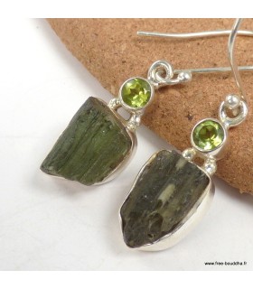 Boucles Moldavite brute & Péridot – Argent 925 certifié