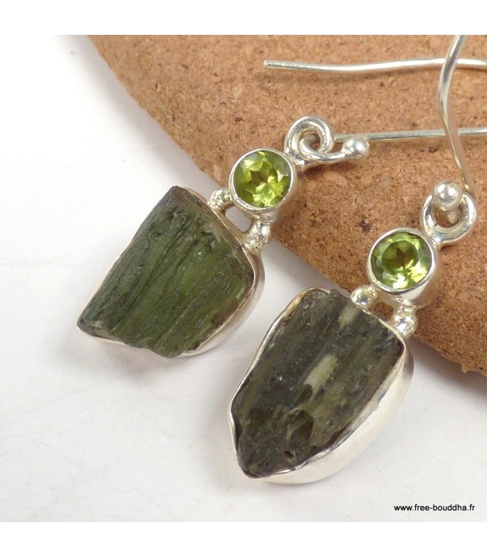 Boucles Moldavite brute & Péridot – Argent 925 certifié