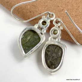 Boucles d'oreilles Moldavite brute et péridot - Boucles d'oreilles en pierres naturelles