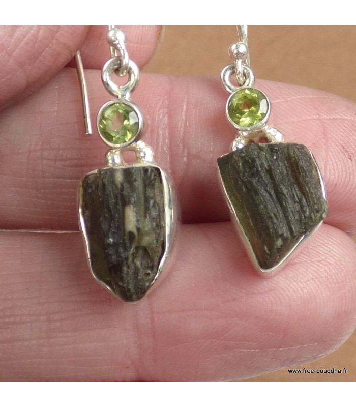 Boucles Moldavite brute & Péridot – Argent 925 certifié