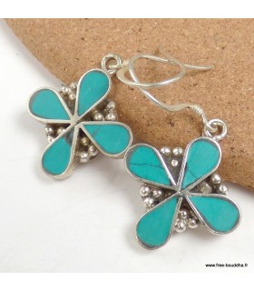 Boucles d’oreilles tibétaines 4 pétales en turquoise reconstituée