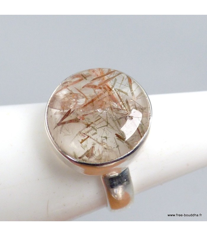 Bague Quartz Rutile véritable modèle rond argent 925 t 53/54