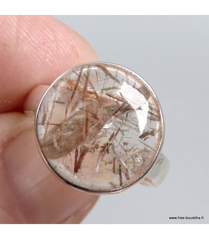 Bague Quartz Rutile véritable modèle rond argent 925 t 53/54