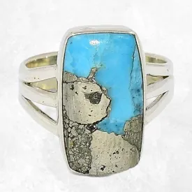 Bague Turquoise Mohave sur Pyrite rectangulaire taille 55 - Bijoux en Turquoise