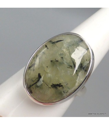 Bague Préhnite quartz rutile noir ovale argent 925 taille 59