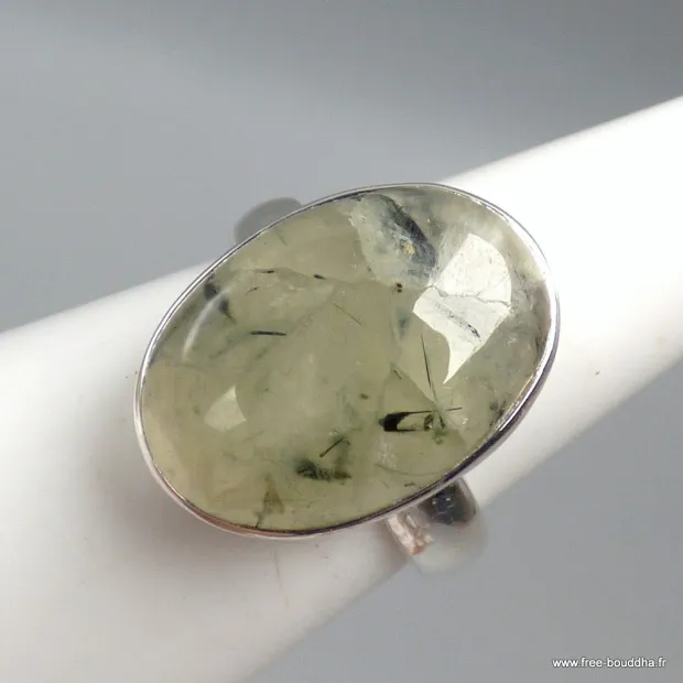 Bague ovale Quartz Rutile noir sur Préhnite taille 54 - Bijoux en Préhnite