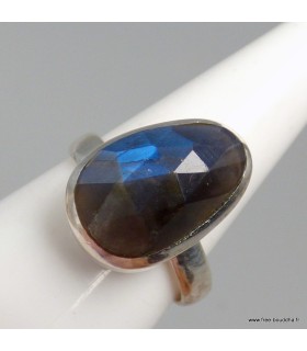 Bague Labradorite bleu foncé asymétrique argent 925, taille 56 à 65