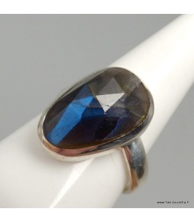 Bague Labradorite bleu foncé asymétrique argent 925, taille 56 à 65
