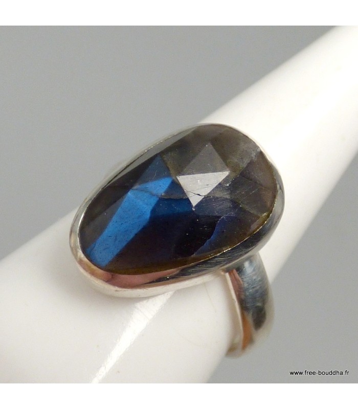 Bague Labradorite bleu foncé asymétrique argent 925, taille 56 à 65