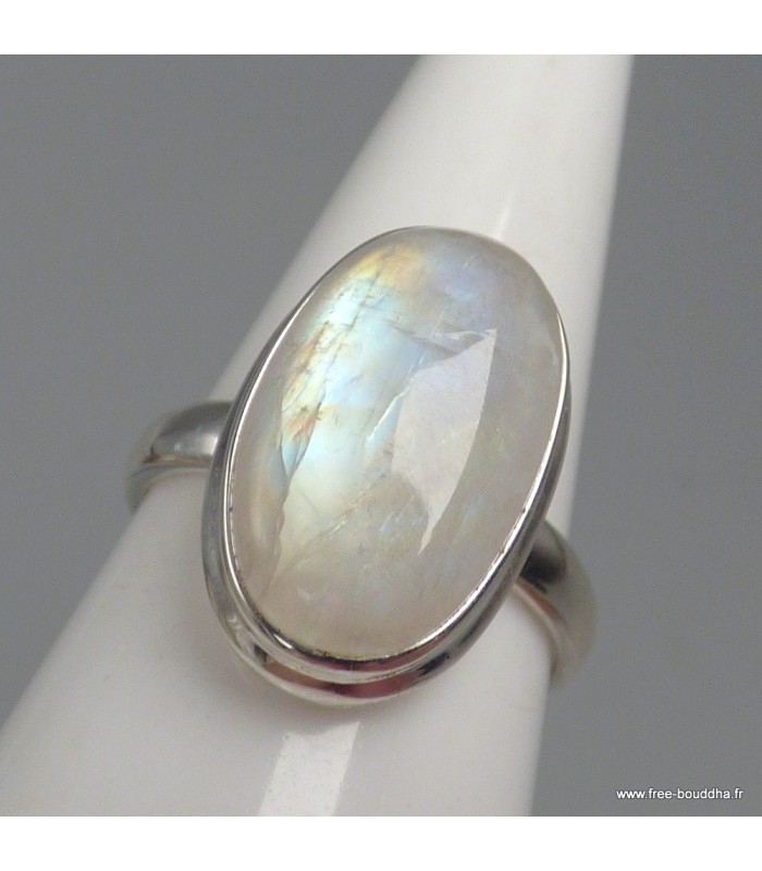 Bague Pierre de Lune arc‑en‑ciel ovale authentique 925 taille 59