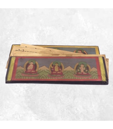 Livre de prières bouddhiste en bois peint – Artisanat du Népal – 24 cm