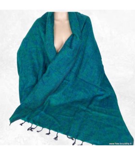 Châle ethnique en laine de yack vert et bleu fabriqué au Népal