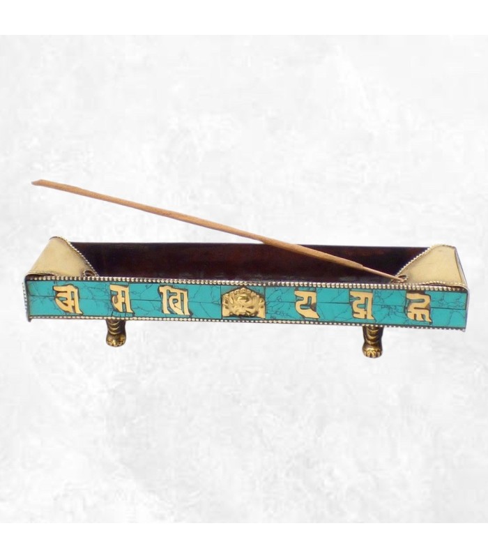 Porte‑encens cuivre et laiton – Mantra de Chenrezi, Népal