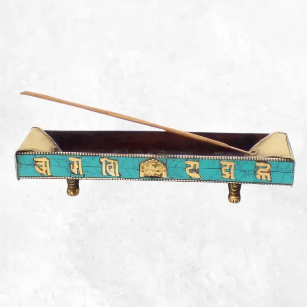 Porte encens tibétain cuivre et turquoise, mantra de Chenrezi - Porte-encens tibétains