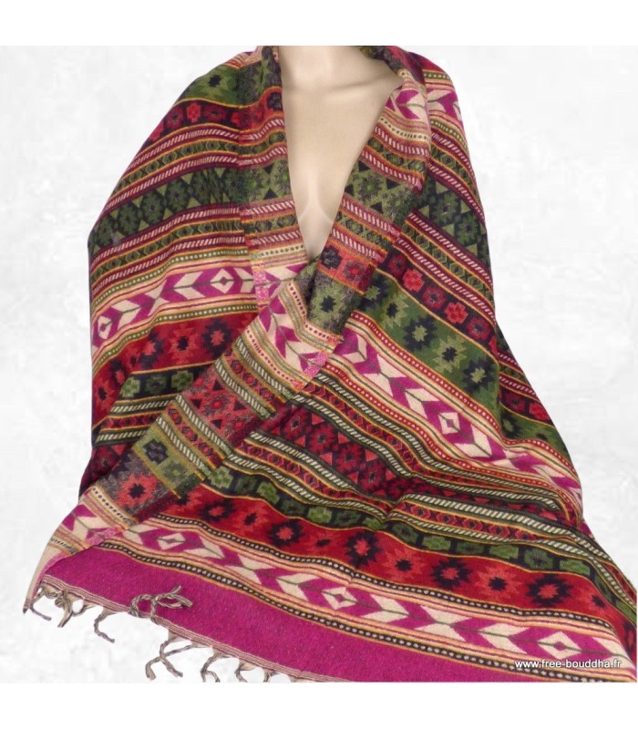 Châle de méditation fuchsia multicolore , châle artisanal du Népal