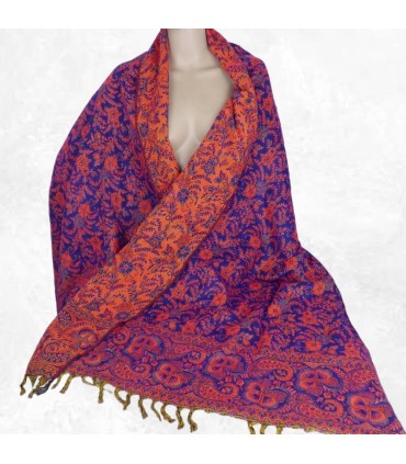 Châle de méditation népalais bleu orange – Grand châle artisanal